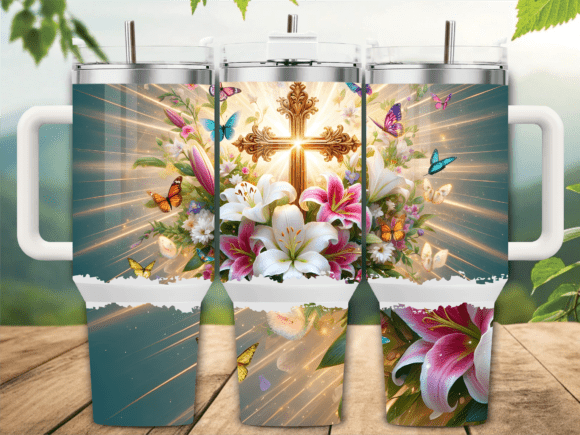 Easter Lily Gold Cross Tumbler Wrap