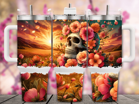 Floral Skull Sunset 40oz Tumbler Wrap