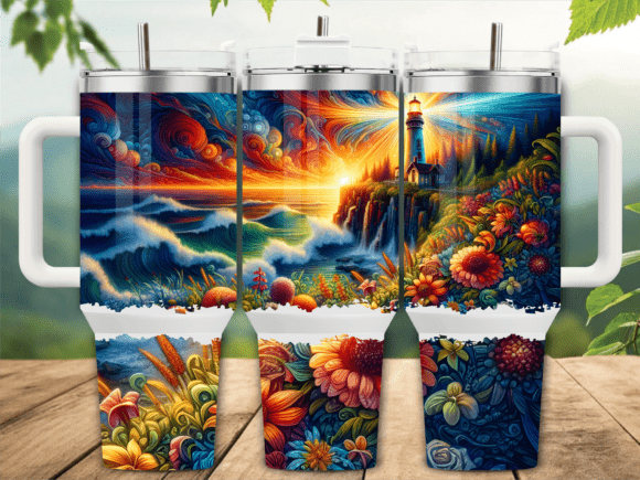 Lighthouse Beach Flower Tumbler Design
