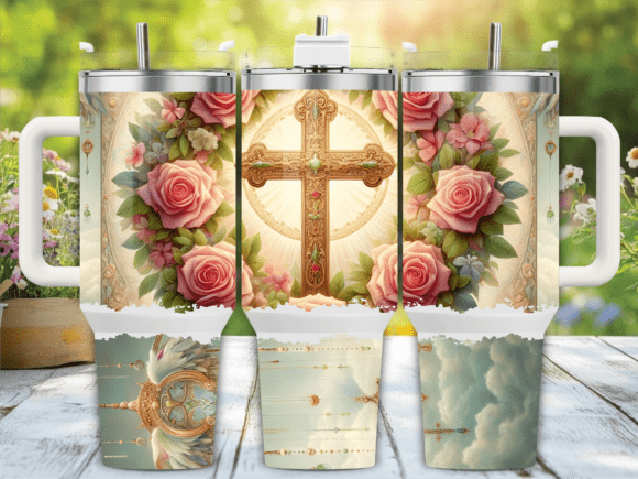 Pink Rose Cross Floral Tumbler Wrap